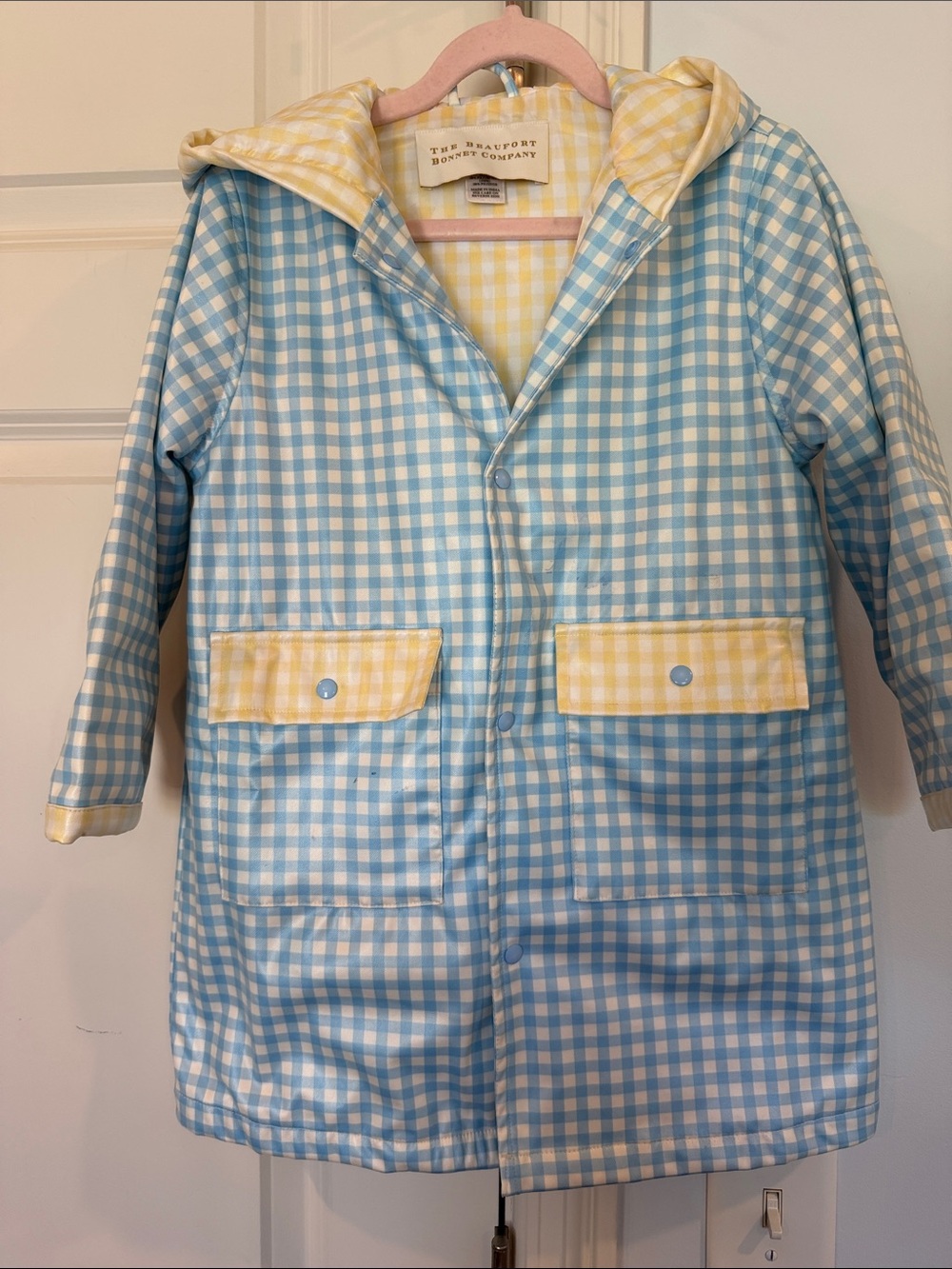 The Beaufort Bonnet Company Blue & Yellow Gingham Kids Hooded Raincoat